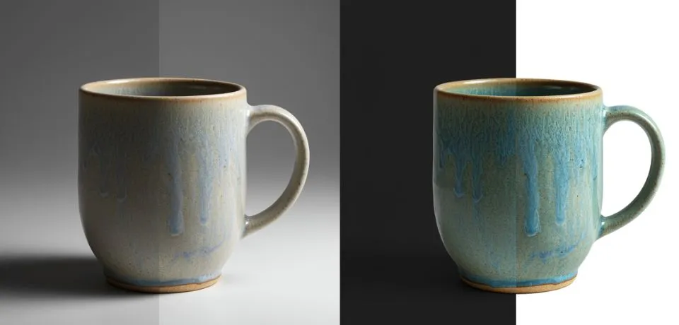A split-screen comparison showing a raw product photo (left) next to a professionally retouched version (right) of a ceramic mug.
