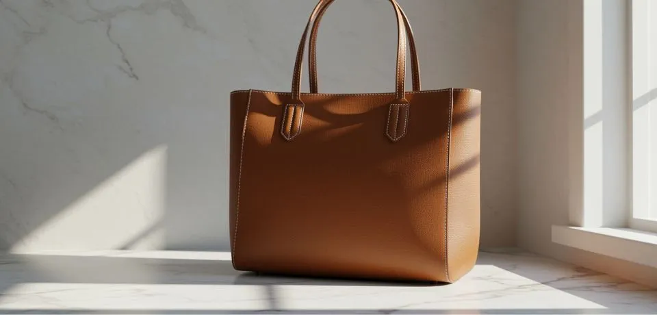 A professionally retouched photo of a tan leather handbag showing high-quality texture and stitching on a marble surface.