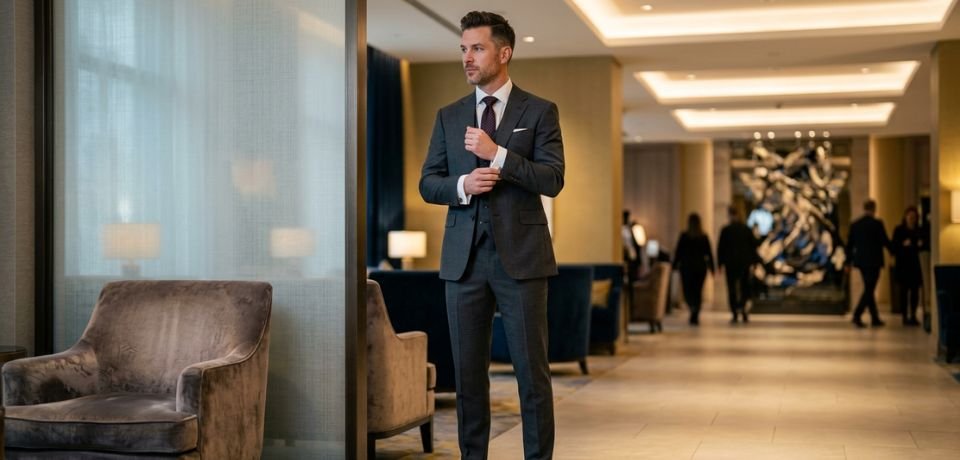A sharply dressed man in a charcoal three-piece suit adjusting his cufflink in a sophisticated lobby, showcasing modern formal wear.Men's Formal Wear