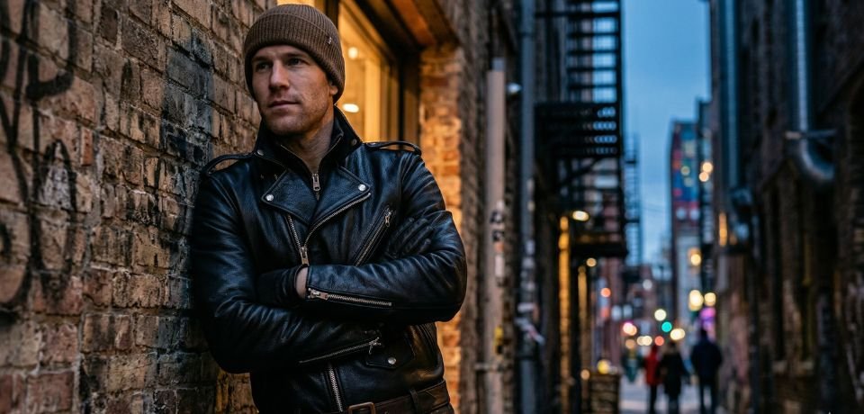 A man wearing a rugged black leather biker jacket, a staple in iconic men's coats.