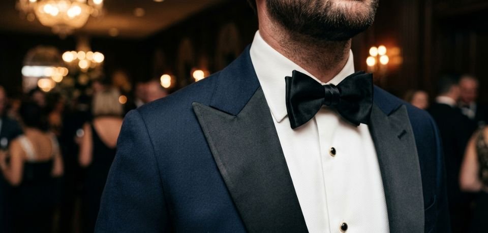 Close-up details of a midnight blue tuxedo with satin lapels and a perfectly tied black silk bow tie.Men's Formal Wear