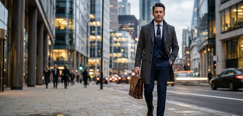 A man wearing a professional charcoal grey single-breasted overcoat, a top choice in men's coats.