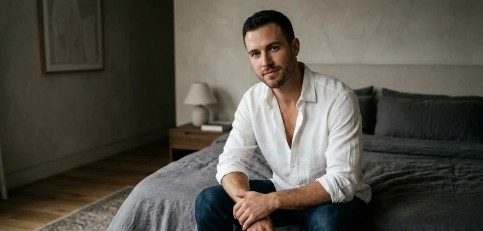 A confident man sits tastefully on a bed edge in dark jeans and an unbuttoned shirt during a boudoir shoot.