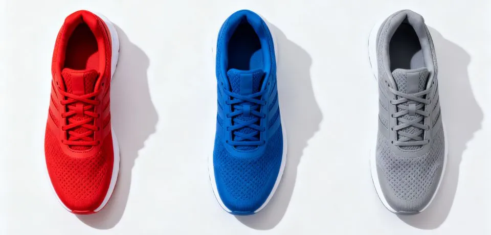 Three colorful sneakers arranged in a uniform grid with consistent lighting