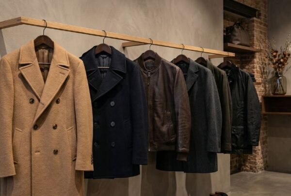 A variety of high-quality men's coats including wool overcoats and leather jackets, on a professional clothing rack.
