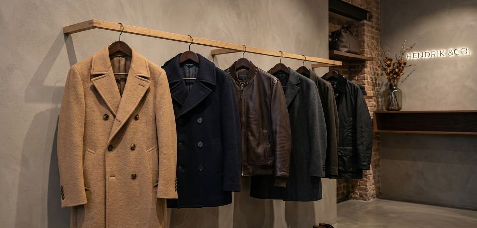 A variety of high-quality men's coats including wool overcoats and leather jackets, on a professional clothing rack.