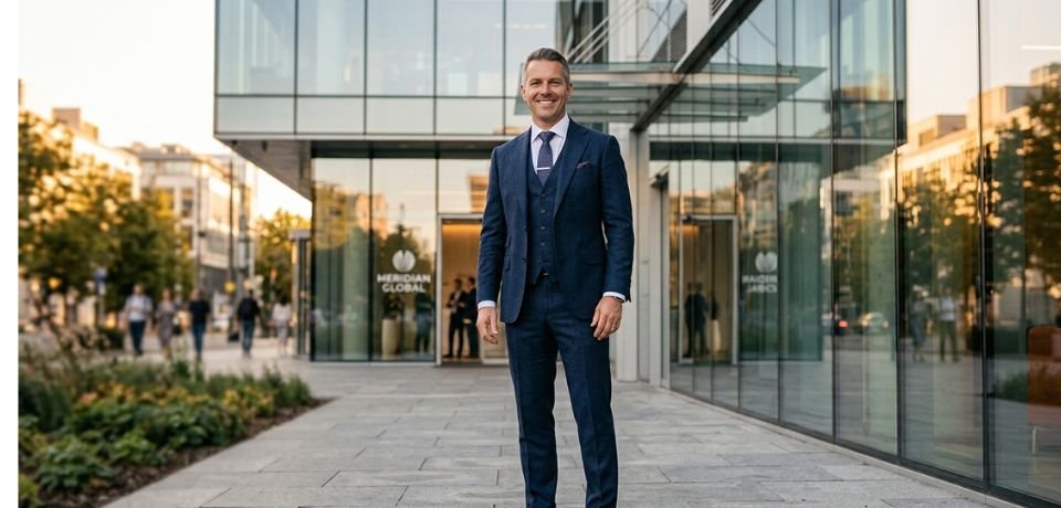 A confident professional man in a perfectly tailored three-piece navy blue suit, showcasing the result of professional alteration.Men's Formal Wear