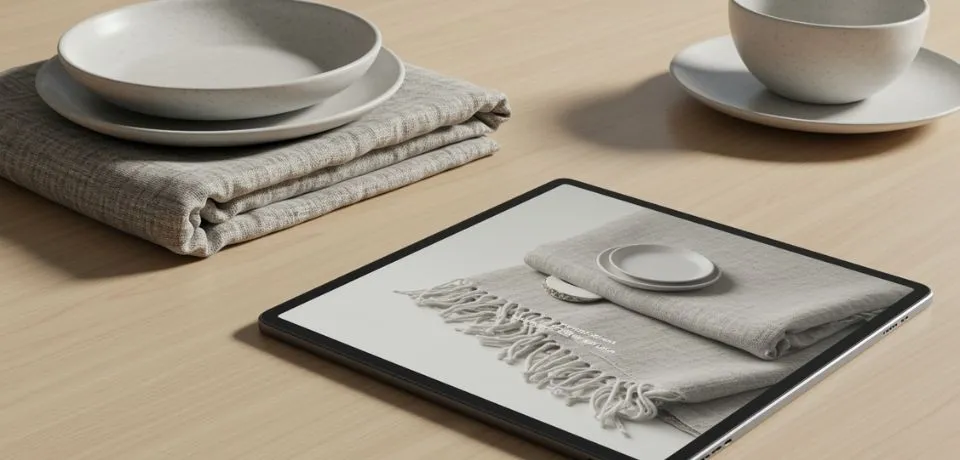 An open tablet showing a perfectly curated and professionally edited collection of minimalist home goods on a clean e-commerce layout.