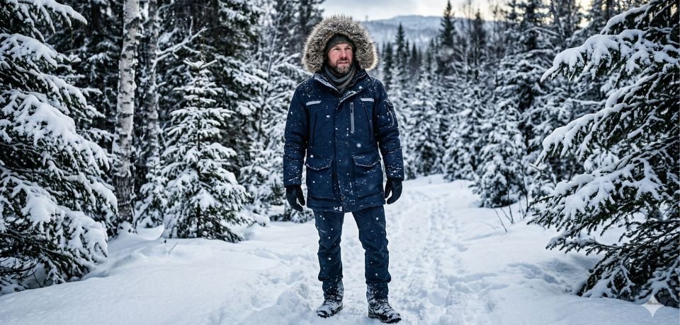 A man wearing a warm navy blue winter parka designed for extreme cold.