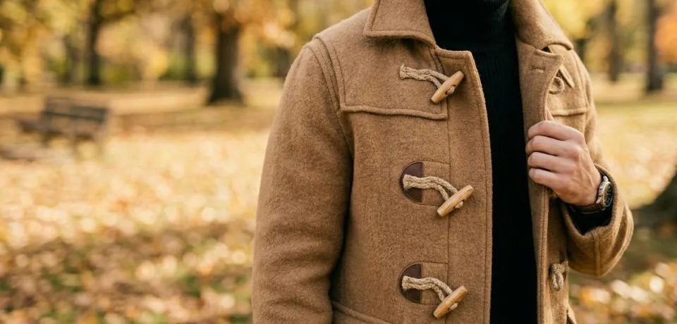 Close-up of wooden toggles and wool fabric on a classic camel duffel coat.