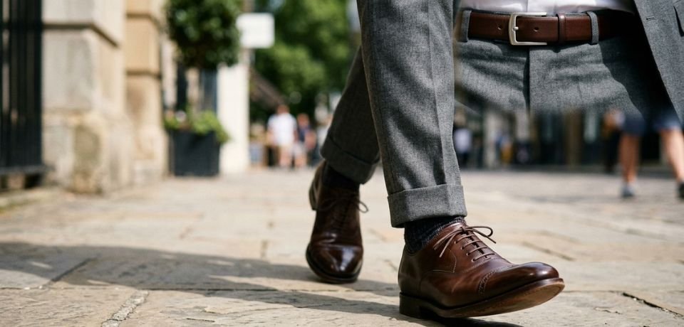 Ground-level shot of polished dark brown leather Oxford shoes coordinating with a matching leather belt.Men's Formal Wear
