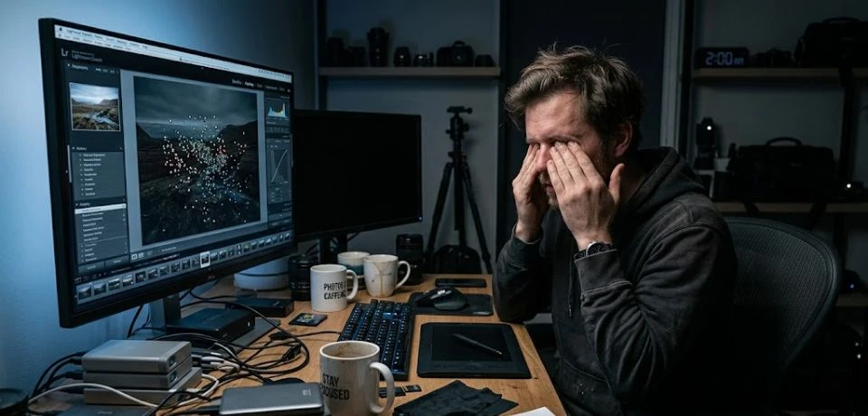 A tired photographer rubbing his eyes while sitting at a desk late at night editing photos on a computer.