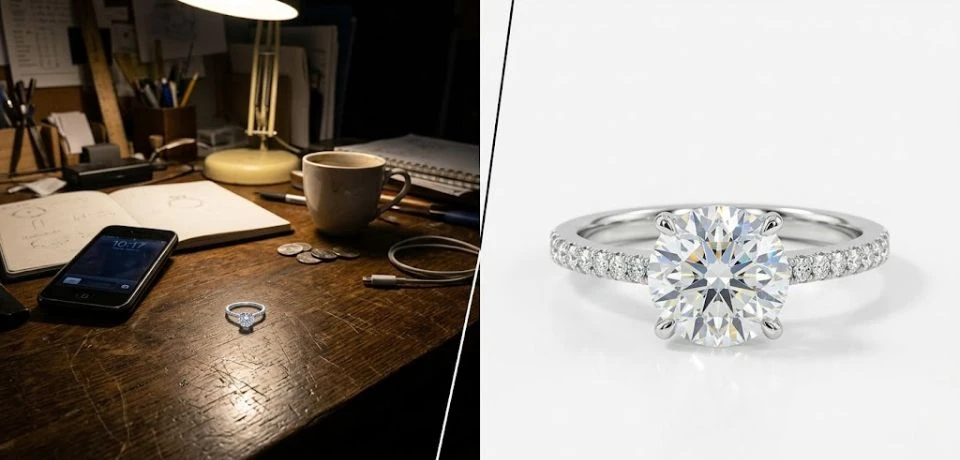 A side-by-side comparison of a dark, blurry DIY jewelry photo versus a sharp, professional macro shot of a diamond ring.