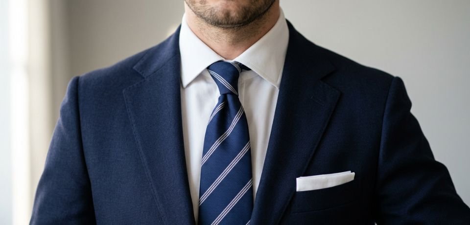 Close-up view of a crisp white cotton pocket square in a TV fold and a neat Four-in-Hand tie knot.Men's Formal Wear