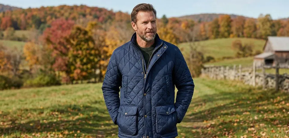 A man wearing a navy blue quilted field jacket with multiple pockets in a countryside setting.