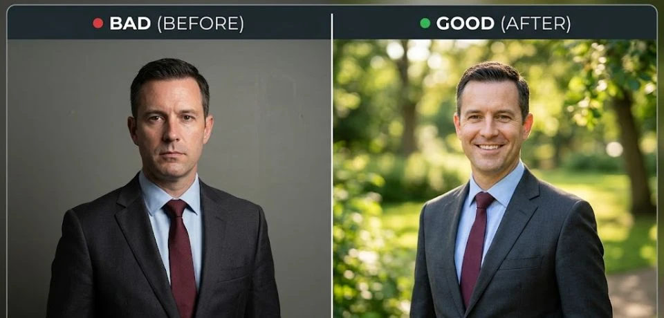A side-by-side comparison of a boring studio headshot versus a vibrant, professional natural background headshot.
