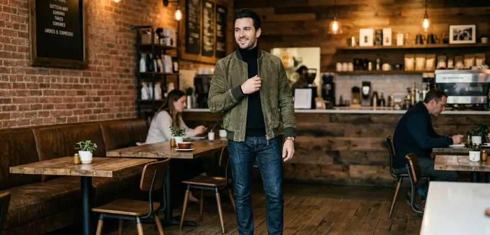 A man wearing a stylish olive green suede bomber jacket in a modern indoor setting.