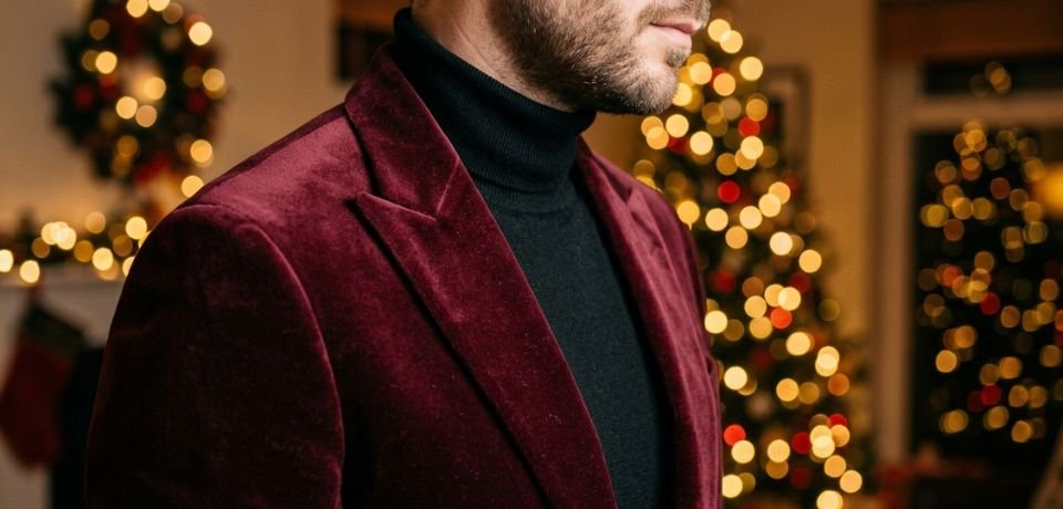 Detailed texture shot of a deep burgundy velvet dinner jacket, a sophisticated choice for winter formal events.Men's Formal Wear