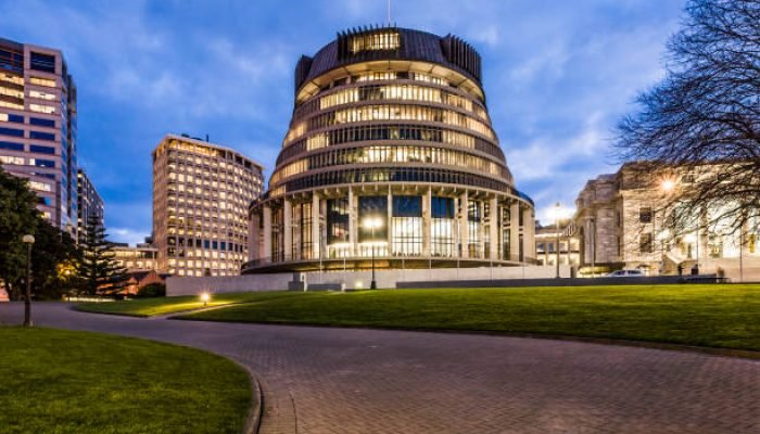 The Beehive, New Zealand's Parliament building, at twilight.